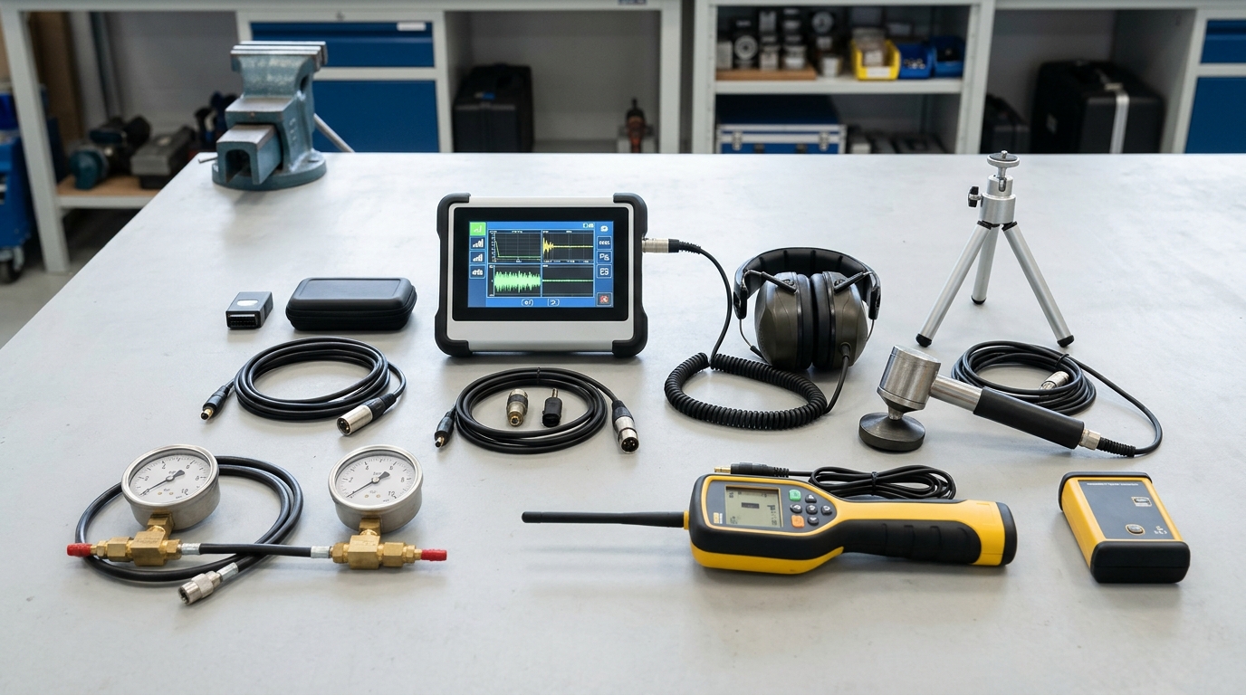 Acoustic ground sensor and electronic leak detection tools placed on interior flooring in Tustin