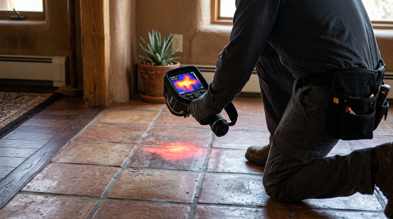 Thermal imaging inspection displaying hot water line failure underneath flooring in Tustin