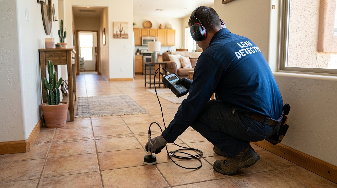 Plumbing technician using electronic slab leak detection equipment on a concrete slab in Tustin